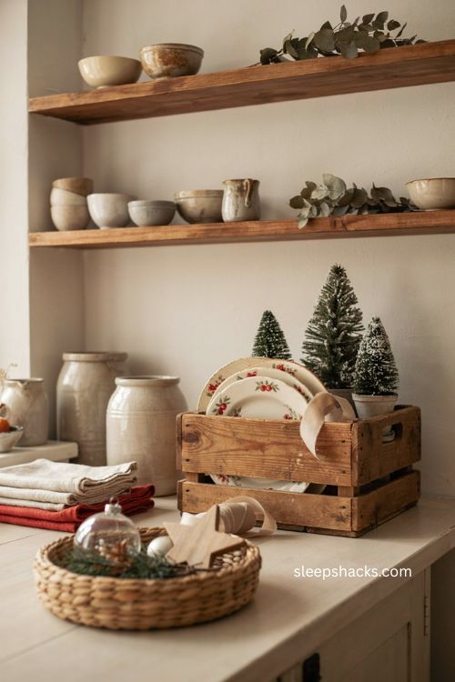 Farmhouse Christmas kitchen with a rustic wooden crate and holiday china