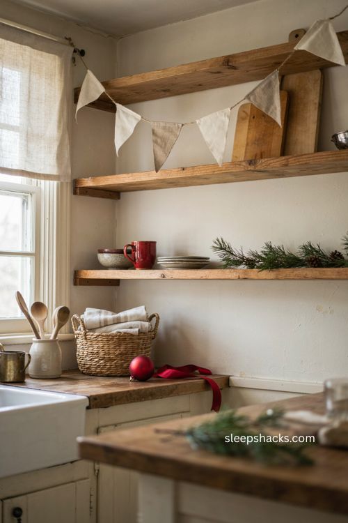 Farmhouse Christmas kitchen with festive banner on open shelving