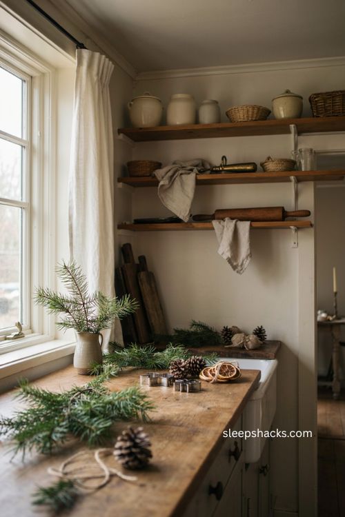 Farmhouse Christmas kitchen with fresh pine pinecones and vintage accents