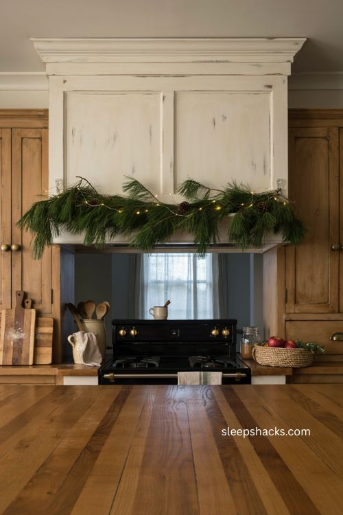Farmhouse Christmas kitchen with garland on the range hood and warm lights