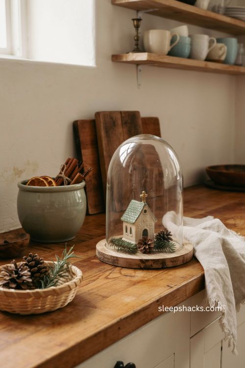 Farmhouse Christmas kitchen with glass cloche and vintage ceramic church