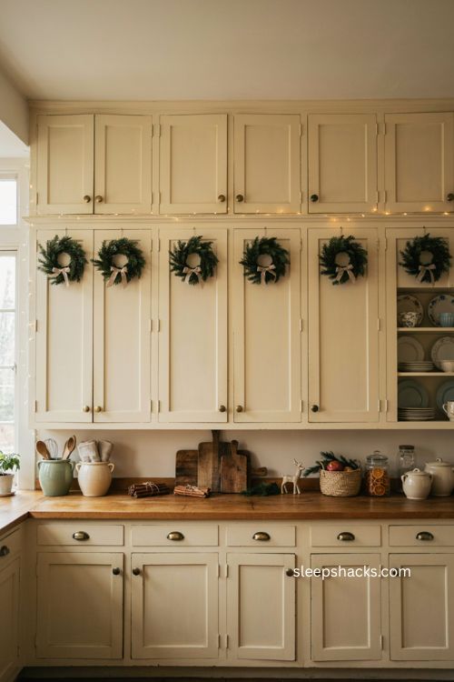 Farmhouse Christmas kitchen with mini wreaths on cabinet doors