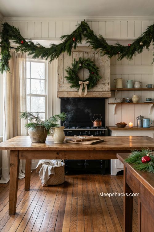 Farmhouse Christmas kitchen with real and faux greenery mixed together