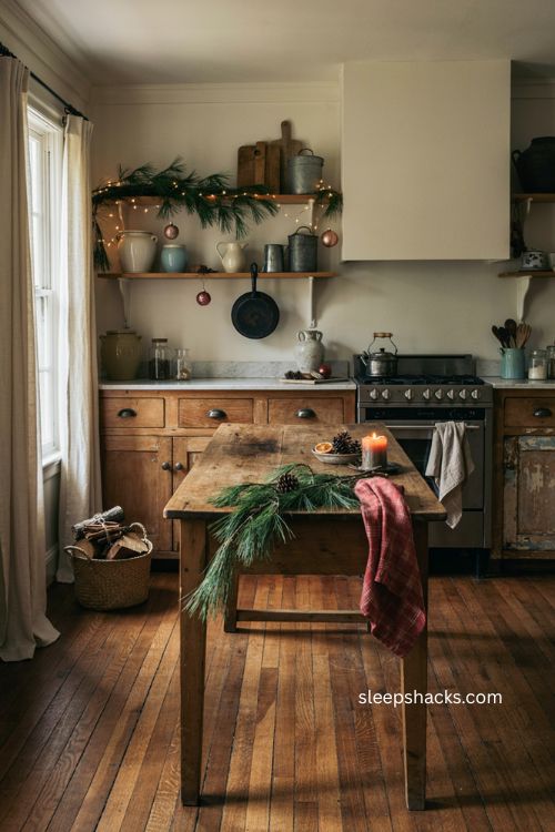 Farmhouse Christmas kitchen with vintage wood and fresh pine greenery