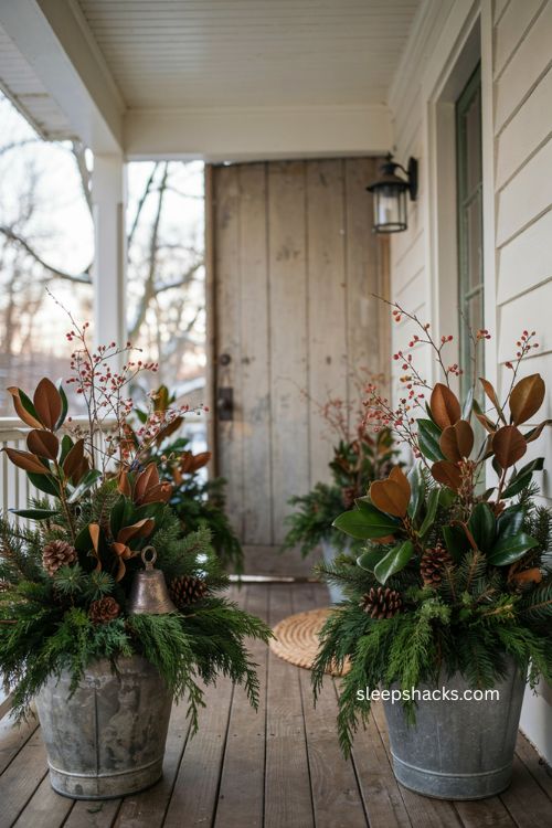 Farmhouse Christmas planters with cedar magnolia and pinecones 