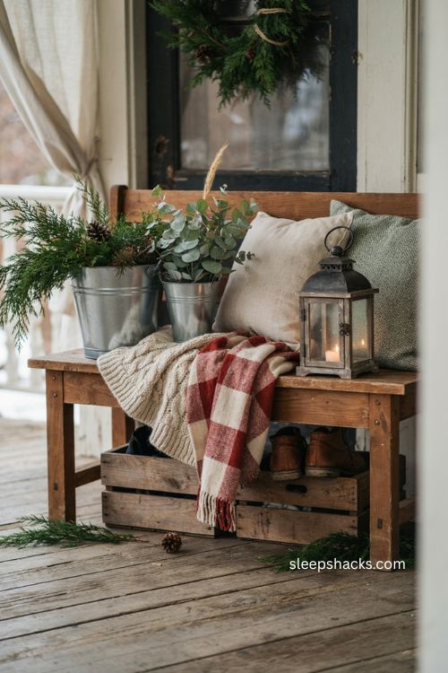Farmhouse Christmas porch with layered textures and rustic decor 