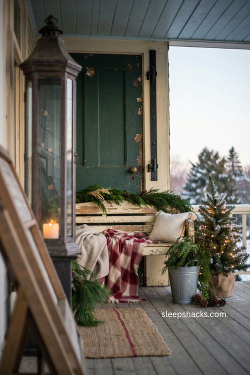 Farmhouse Christmas porch with tall black lantern and greenery 