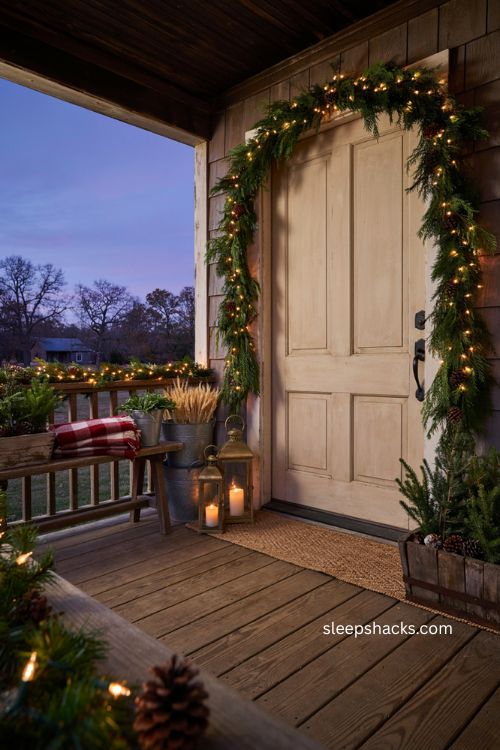 Farmhouse Christmas porch with warm white fairy lights and greenery 