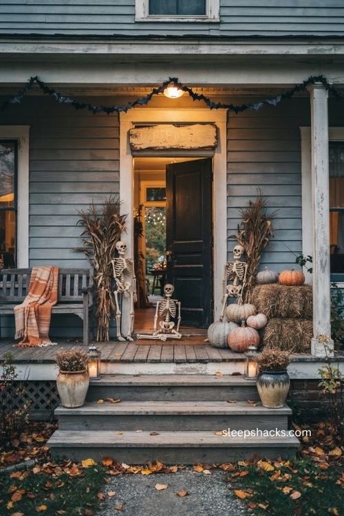 Farmhouse Halloween porch entrance with pumpkins hay bales bats and warm amber lighting 