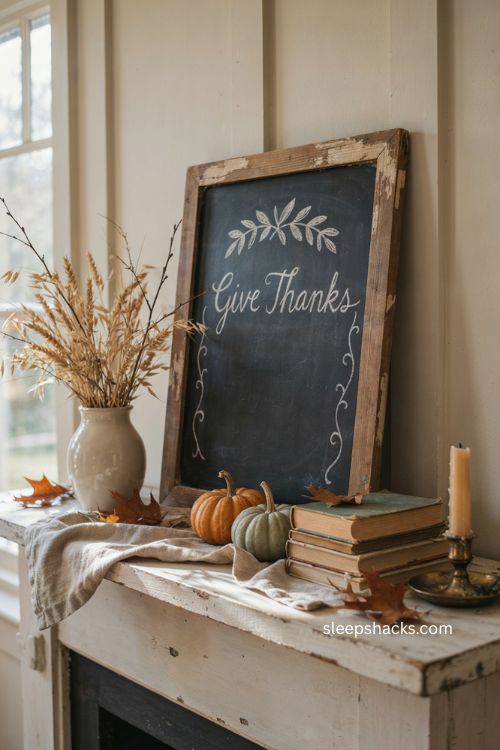 Farmhouse give thanks chalkboard with elegant script and rustic Thanksgiving mantel decor 