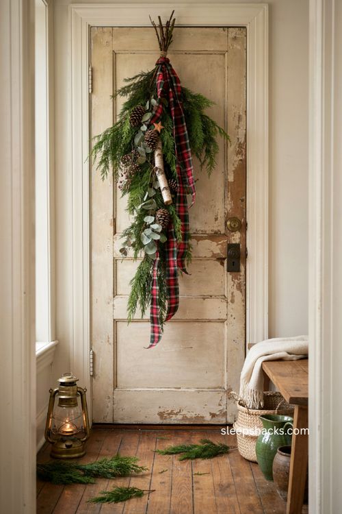 Farmhouse plaid Christmas swag with evergreen eucalyptus cedar and long ribbon tails