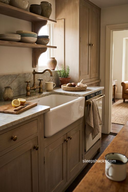 Farmhouse sink with aged brass faucet in a cozy rustic kitchen 