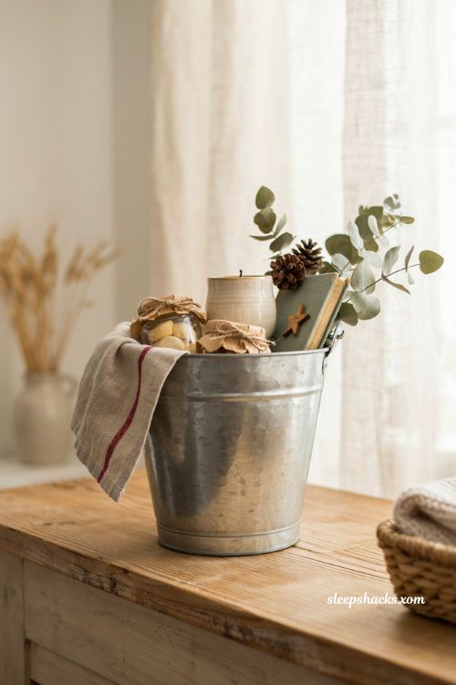 Farmhouse style Christmas gift basket ideas with candle decor cookbook and gourmet treats 