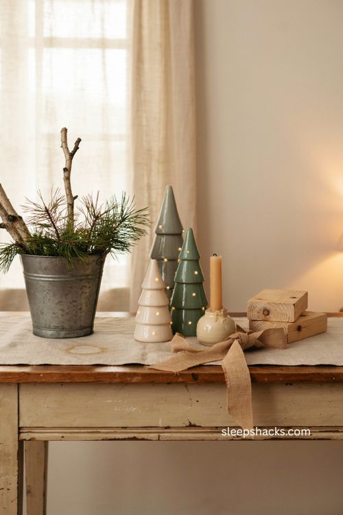 Farmhouse style ceramic christmas trees with burlap wood and galvanized metal 