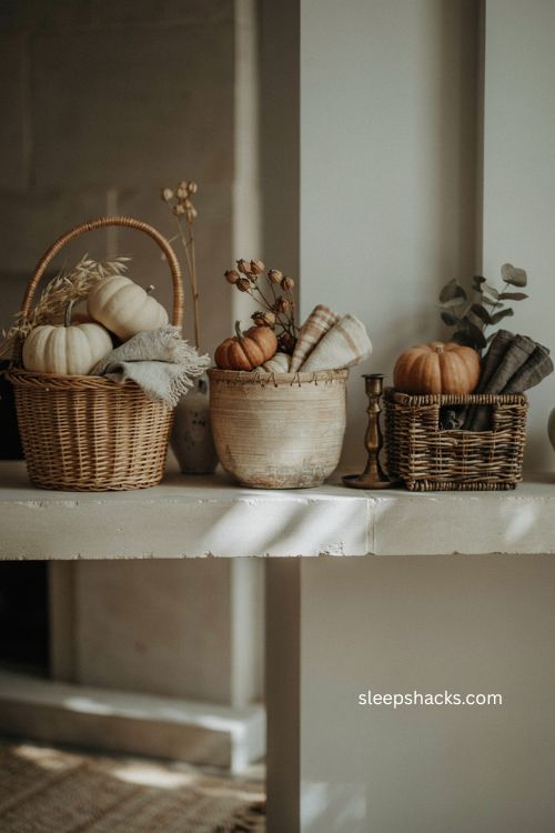 Farmhouse wicker baskets with pumpkins and dried flowers on a mantle 