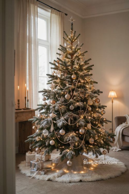 Faux fur and mirrored Christmas tree skirt ideas for glamorous holiday decor 