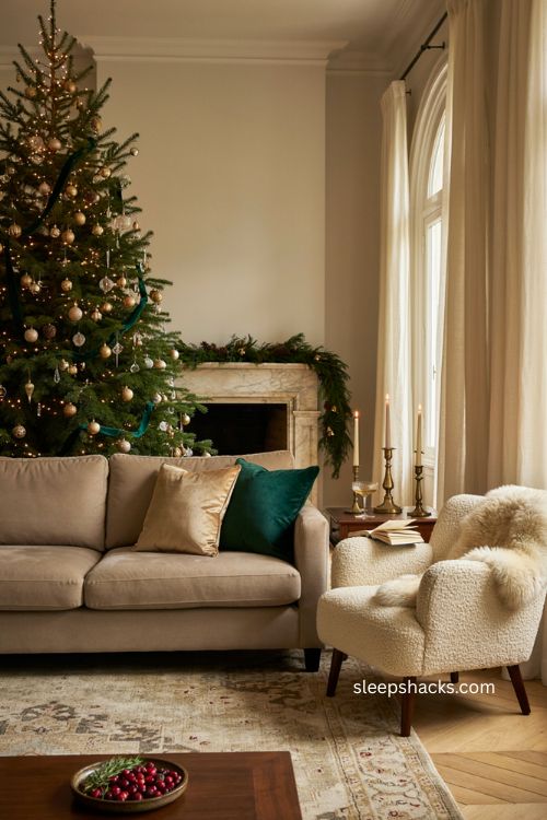 Faux fur and velvet glam Christmas decor ideas for a cozy living room