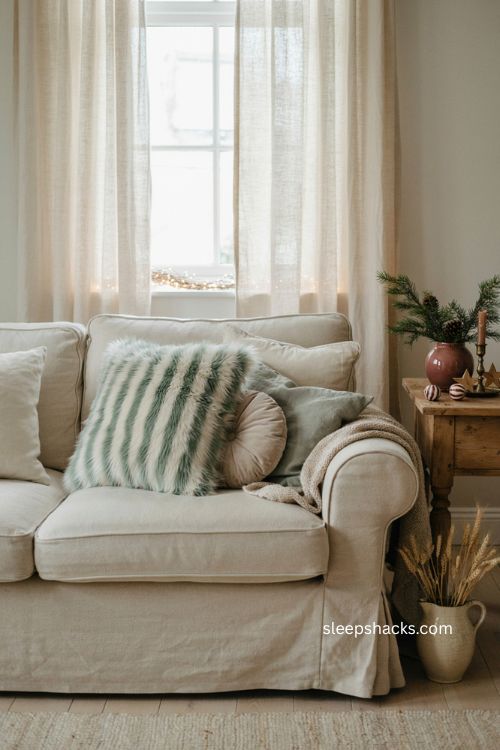 Faux fur peppermint green Christmas cushion on a cozy neutral sofa 