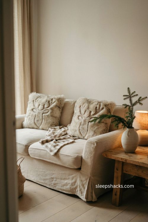 Faux fur reindeer pillow covers cozy neutral Christmas sofa decor