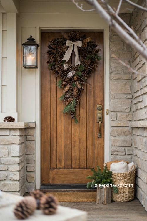 Faux pinecone Christmas door swag with natural greenery and neutral ribbon