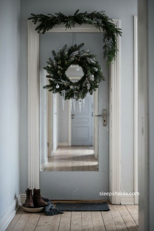 Faux snow christmas door decor with frosted wreath icicle ornaments and cool white lights 