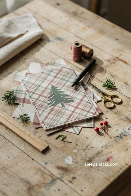 Faux stitched border Christmas card with plaid background simple tree and rustic farmhouse style 