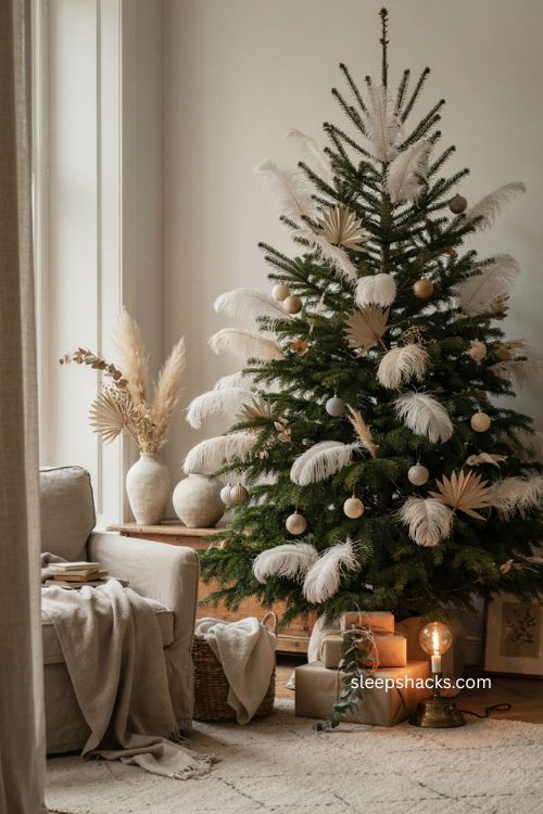 Feathered Christmas tree with ostrich plumes dried palm leaves and neutral decor