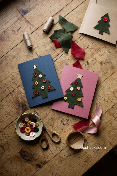 Felt Christmas tree cards with button ornaments and cozy handmade holiday charm 