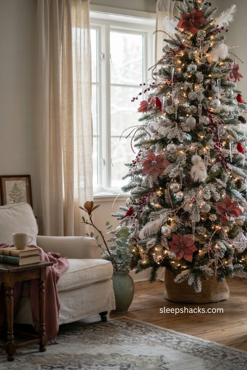 Felt and fabric poinsettias on a white Christmas tree with red silver and glass ornaments 