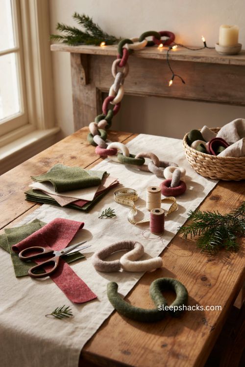 Felt chain Christmas garland with textured handmade links and cozy farmhouse holiday decor