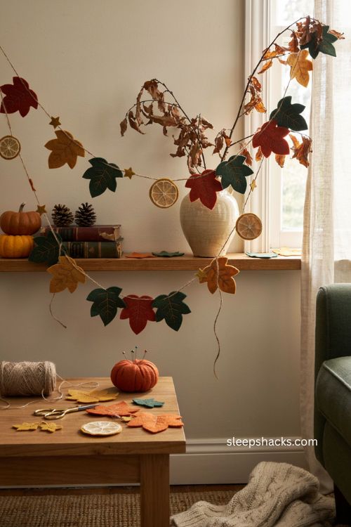Felt fruit and leaf garland with handmade autumn crafts on a cozy vintage shelf 