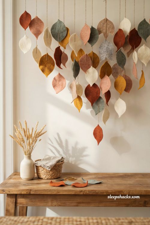 Felt leaf wall decor with cascading autumn leaves for Thanksgiving 