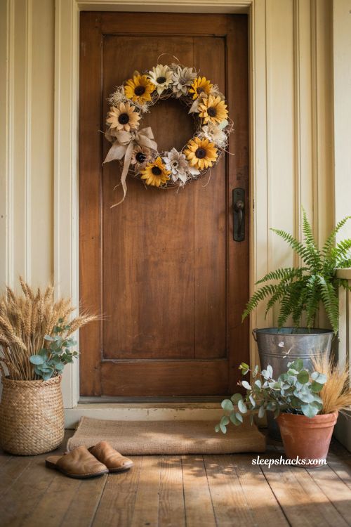 Felt sunflower wreath with burlap ribbon for cozy farmhouse Thanksgiving decor 