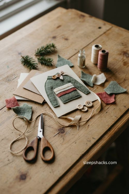 Felt sweater Christmas card with cozy green fabric stripe button and handmade holiday details 
