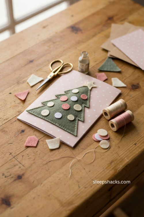 Felt tree applique Christmas card with pastel pink polka dot background and handmade ornaments 