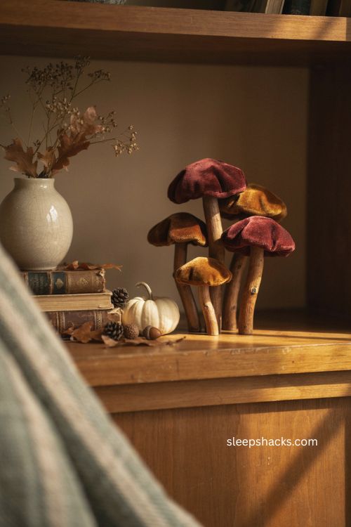 Felted mushroom accents on a vintage bookshelf with velvet caps books pumpkins and cozy fall decor 