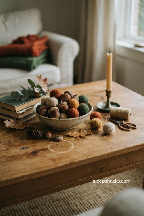 Felted wool acorns in a vintage bowl with real acorn caps and cozy autumn table decor 