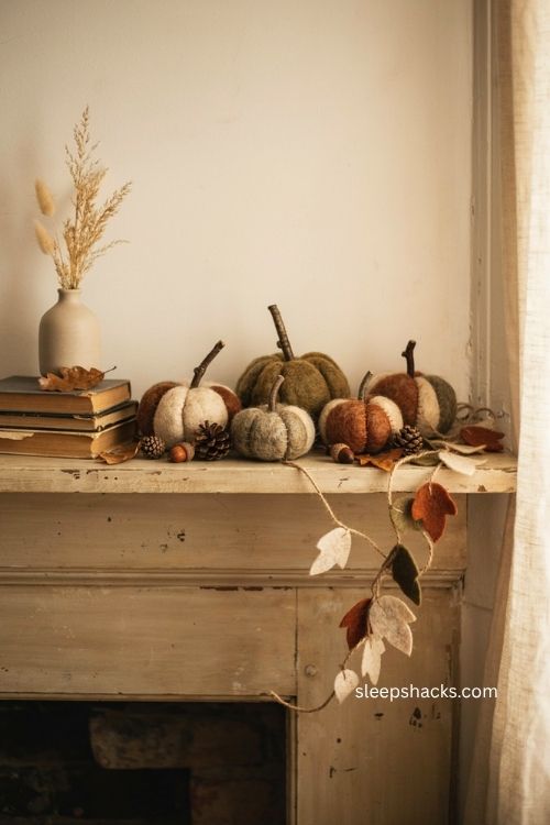 Felted wool pumpkins and leaf garland for cozy homemade fall mantel decor 