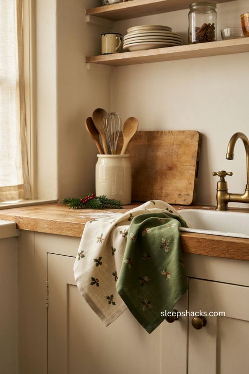 Festive Christmas dish towels draped over cozy kitchen counter 