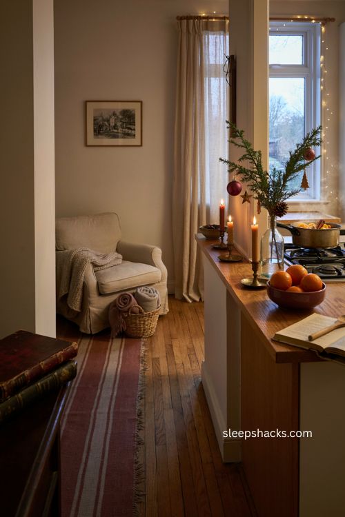 Festive Christmas scent decor with cinnamon orange and cloves in a cozy small living room 