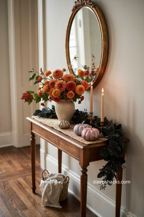 Festive Halloween entry table with orange florals black garland purple pumpkins and spiders