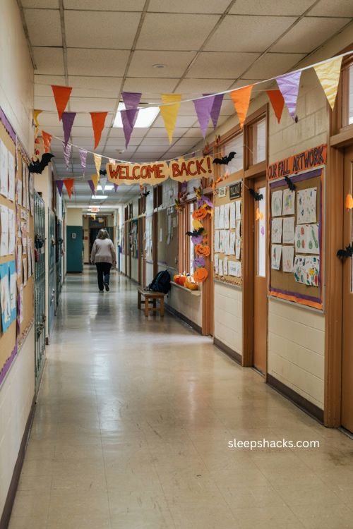 Festive classroom Halloween hallway with garlands bats pumpkins and cheerful door decor 