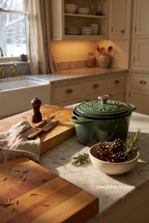 Festive enameled Dutch oven Christmas kitchen counter decor 