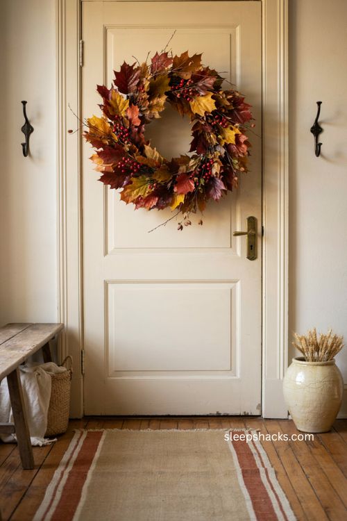 Fiery autumn leaf fall thanksgiving wreath with red orange yellow and burgundy foliage 