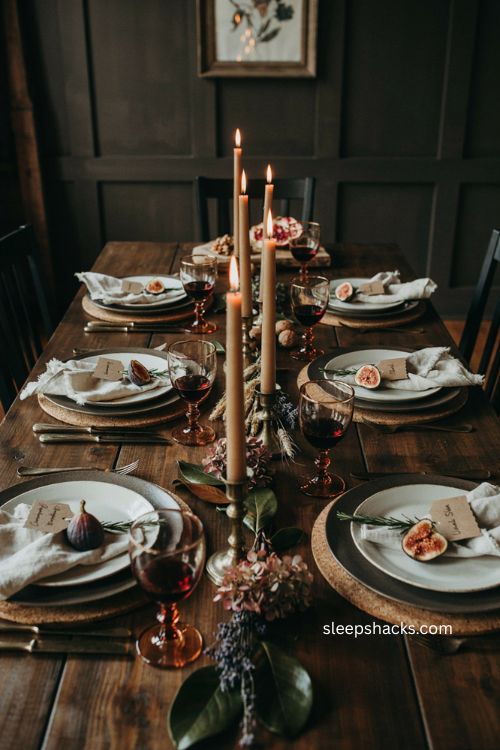 Fig and rosemary Thanksgiving place cards with kraft paper candlelight and moody vintage tablescape 