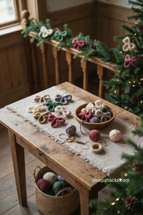 Finger knitted Christmas bows with chunky yarn texture and cozy farmhouse holiday decor