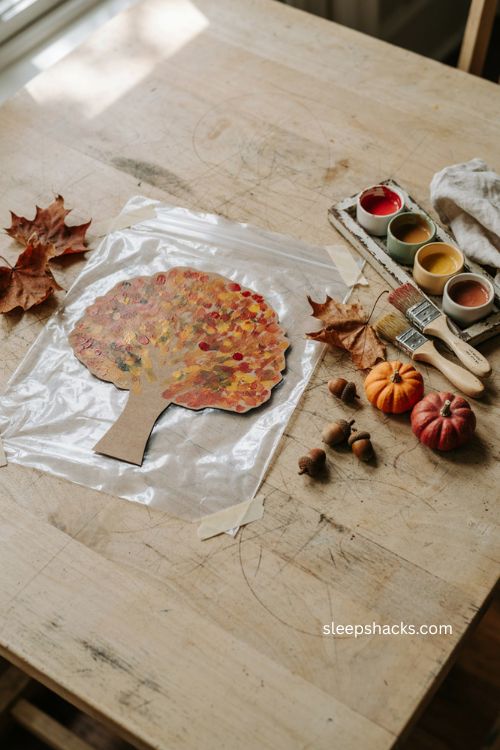 Finger painted fall tree in a bag for baby's first Thanksgiving 