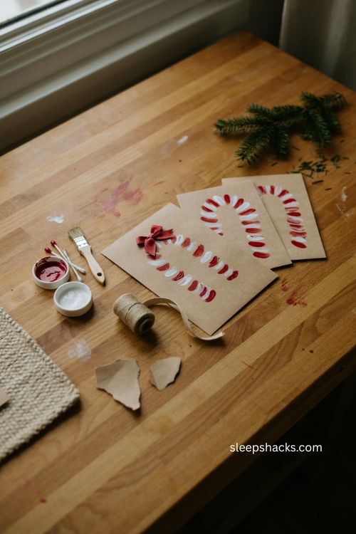 Fingerprint candy cane Christmas cards with kraft paper and simple handmade holiday craft ideas 