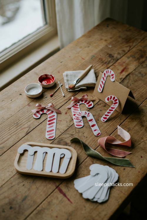 Fingerprint candy cane Christmas craft for toddlers with red and white painted stripes 