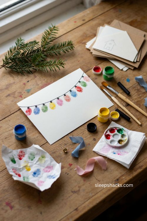Fingerprint light strand Christmas card idea for toddlers and young kids 